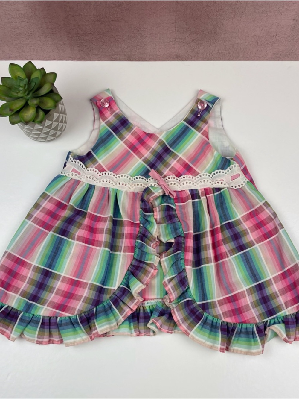 Jcpenney Vintage Pink Green Blue White Plaid Ruffle Lace Dress Toddler 3T